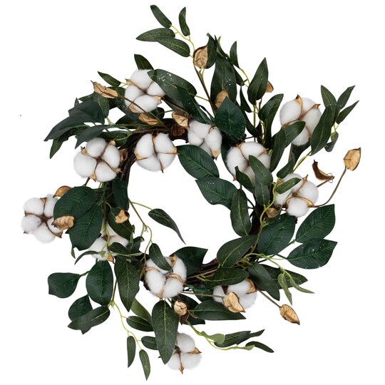 Northlight White Cotton Flowers with Foliage Spring Twig Wreath - 18" - Unlit